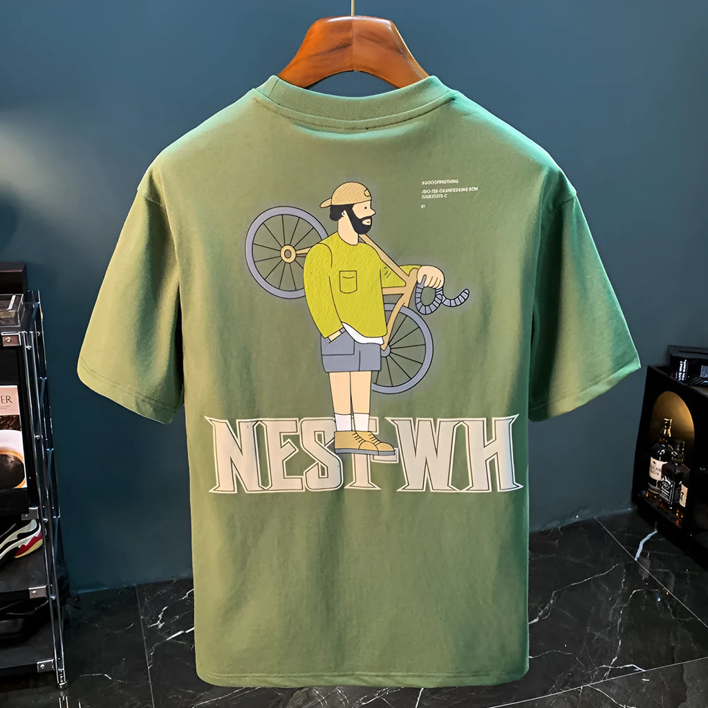 Green men's loose fit T-shirt with printed design and short sleeves for sports wear
