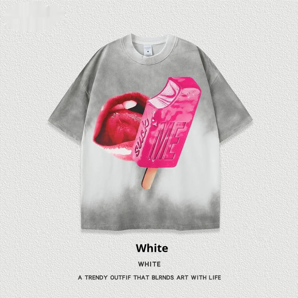 A loose-fit, heavy washed short-sleeved streetwear T-shirt on a hanger.