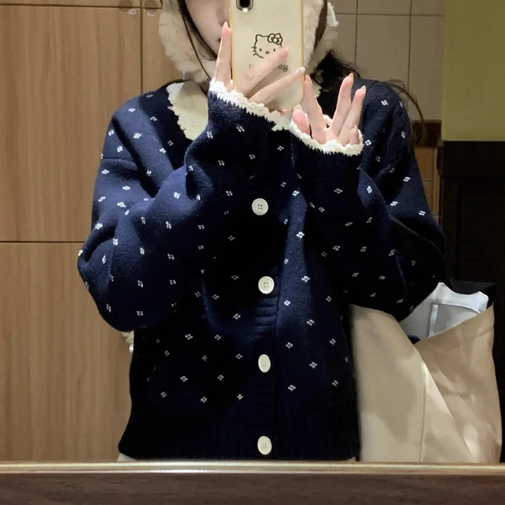 Retro Peter Pan collar floral pattern knitted cardigan coat in Japanese Korean casual style