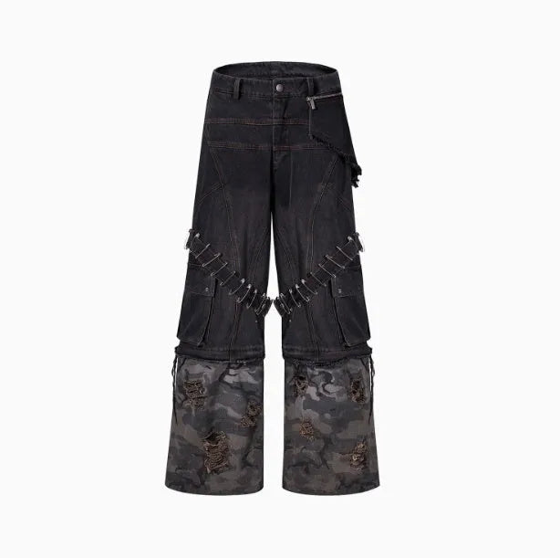 Men's grey camouflage splicing jeans with pin and ribbon structural details