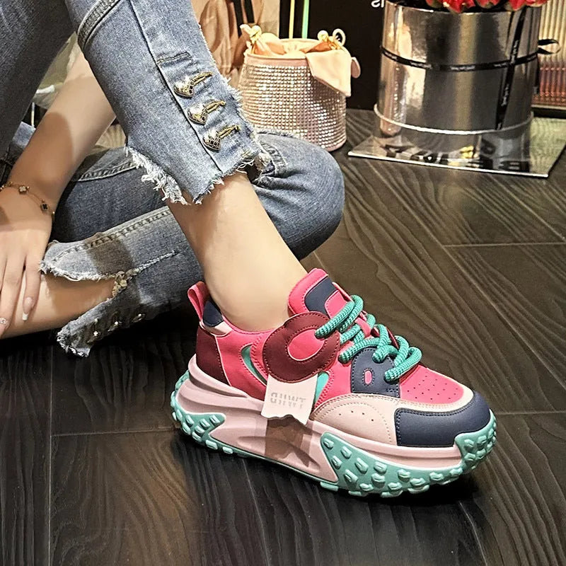 Leather sports casual shoes with thick rubber soles and wedge heel in four colour options