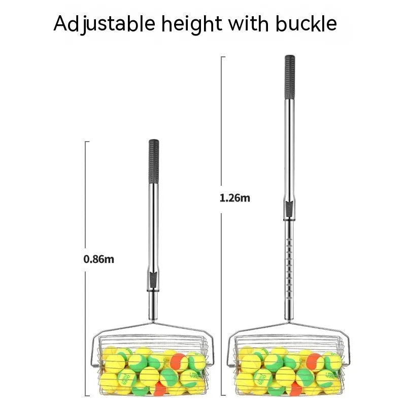 Stainless steel tennis ball roller picker with adjustable handle on a court.