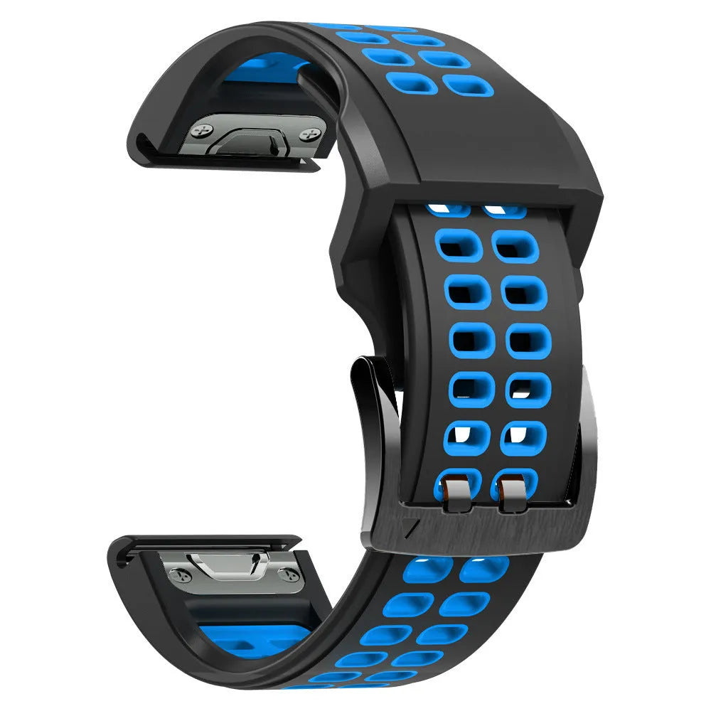 Two-tone quick-release silicone watch strap with pin buckle in black and orange colour