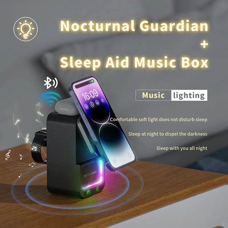 White Bluetooth speaker wireless charging station with magnetic phone holder on desk