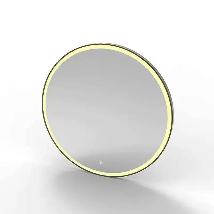Round black frame bathroom mirror with LED lighting mounted on wall