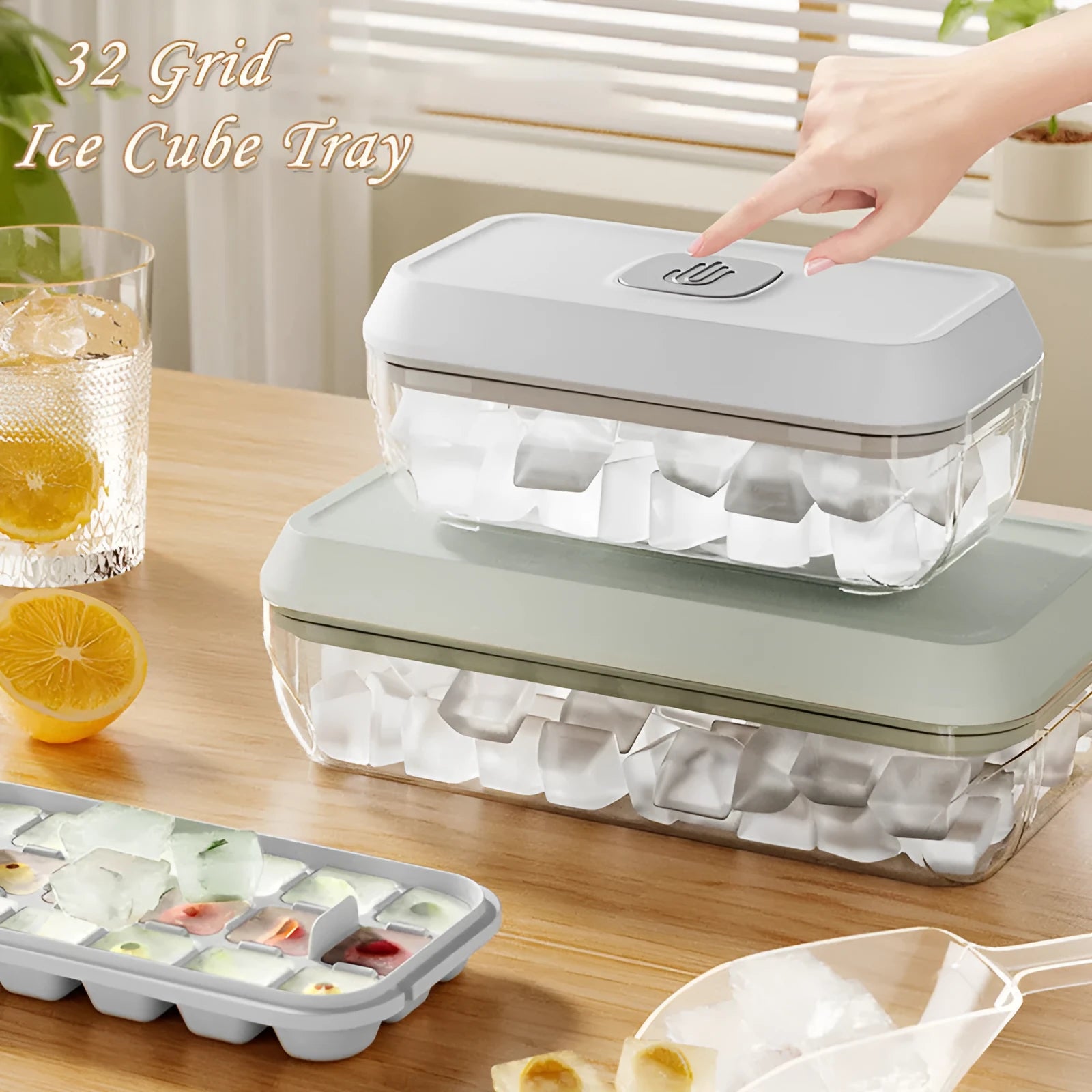 32 grid ice cube tray with press button demould and white spatula on blue background