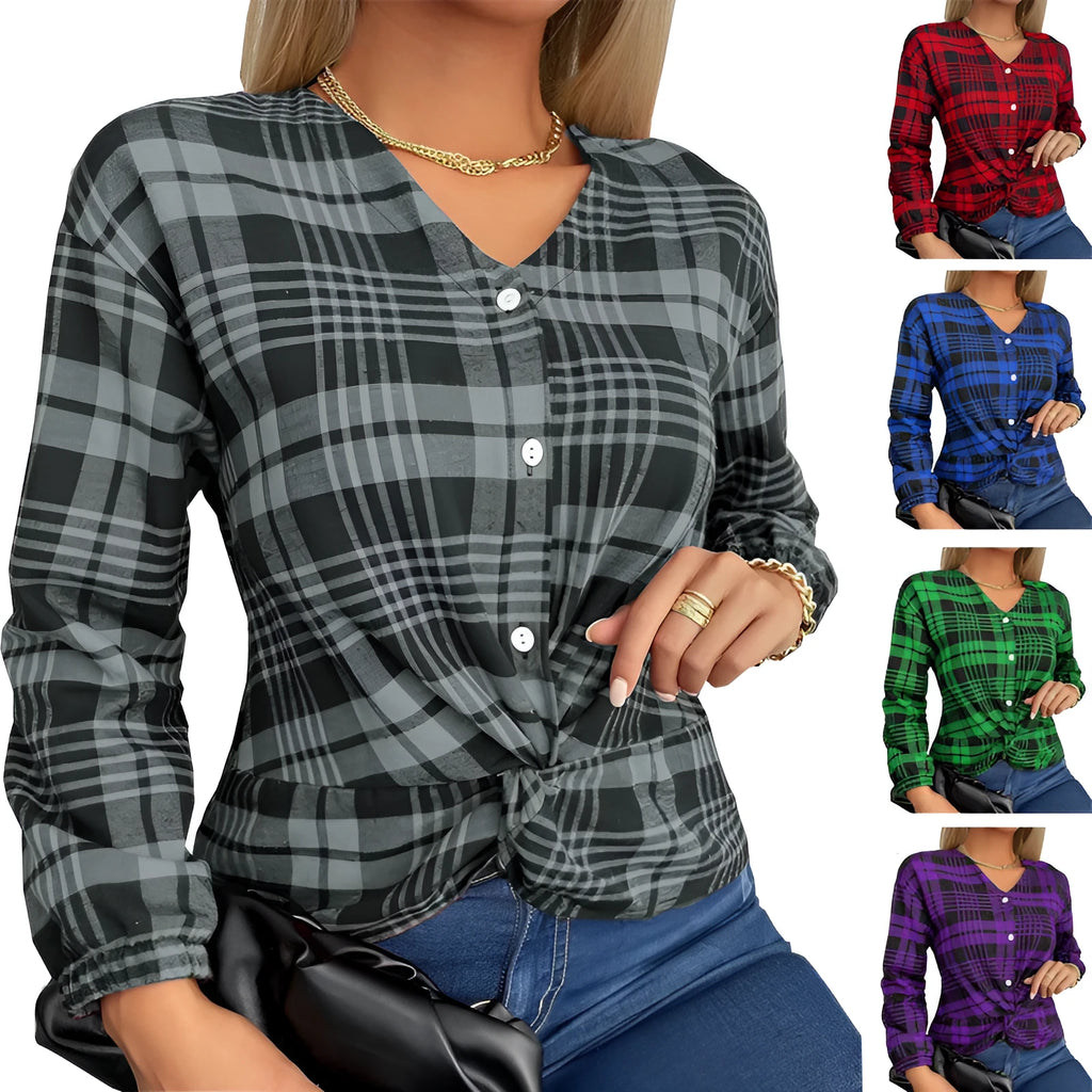 Women's loose-fit purple plaid casual shirt with regular sleeves on a hanger