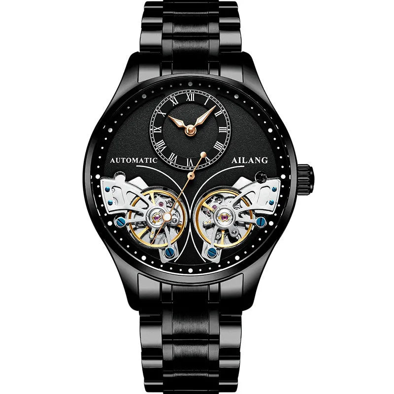 Men's automatic watch with tourbillon and moon phase complications in black steel case