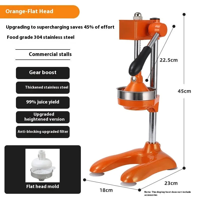 Vertical stainless steel manual juicer with three tip options: pointed head, flat head, and double head.