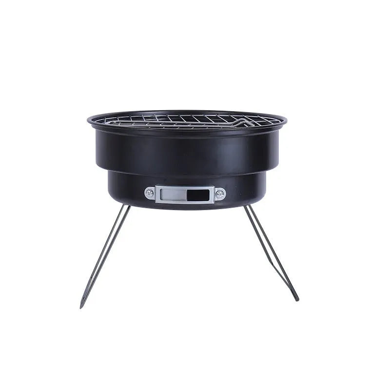 Small round folding ice stove with mesh grill and detachable legs for portable outdoor barbecue