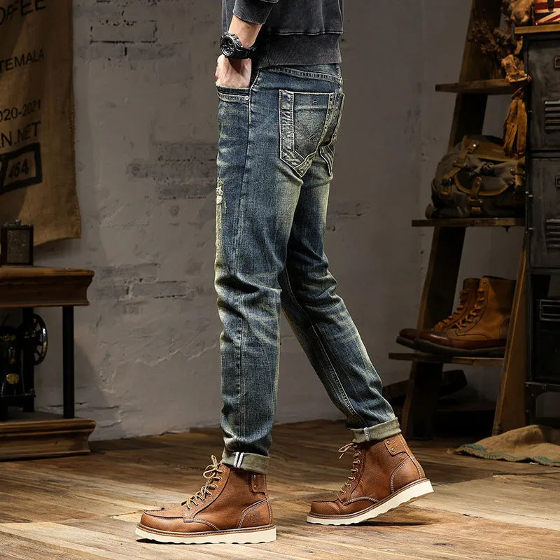 Men's skinny fit jeans in a retro colour with a zip fly, made from stretch cotton denim.