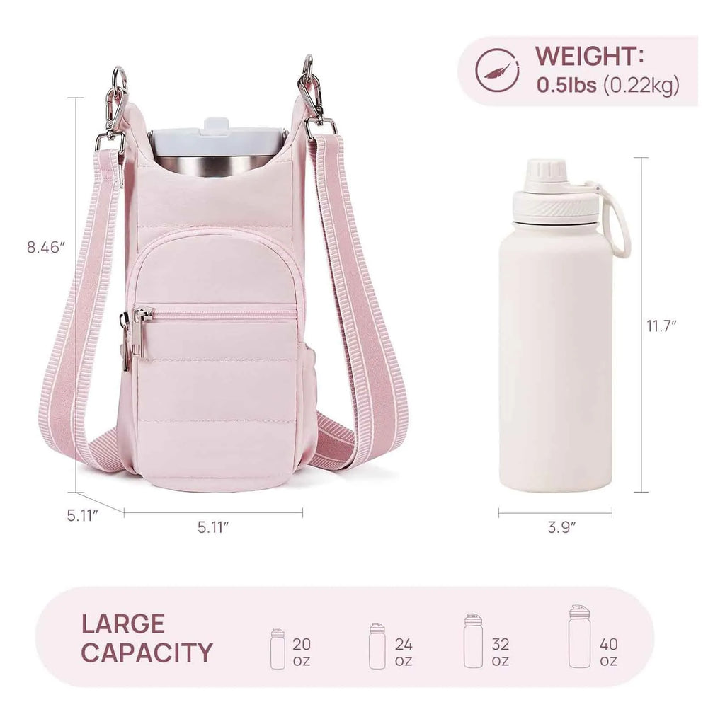 Water bottle kettle bag designed for bicycle mounting in black, pink, or beige cloth construction