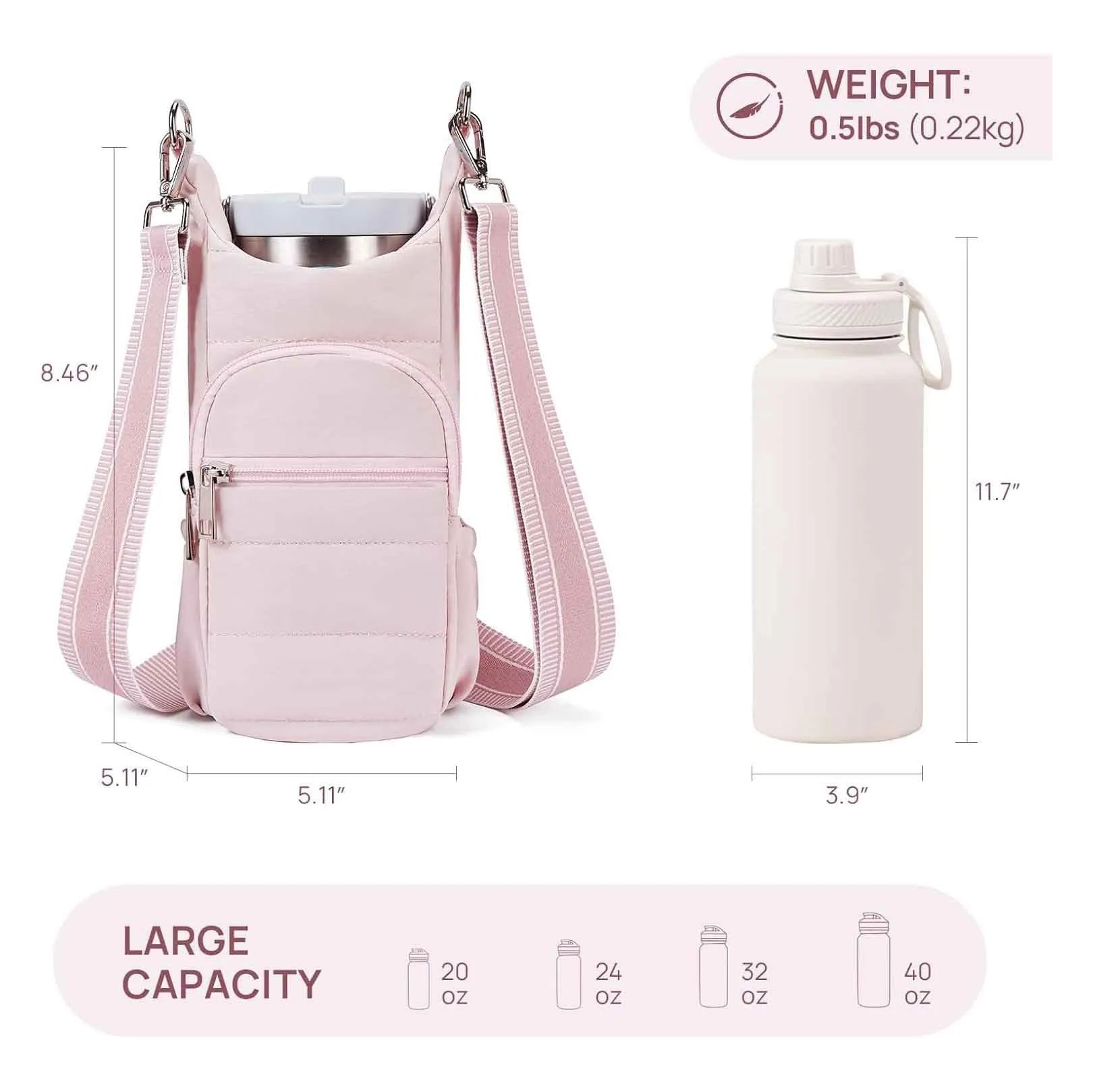 Water bottle kettle bag designed for bicycle mounting in black, pink, or beige cloth construction