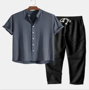 Men's green floral print slim fit casual suit set with cardigan shirt and trousers.