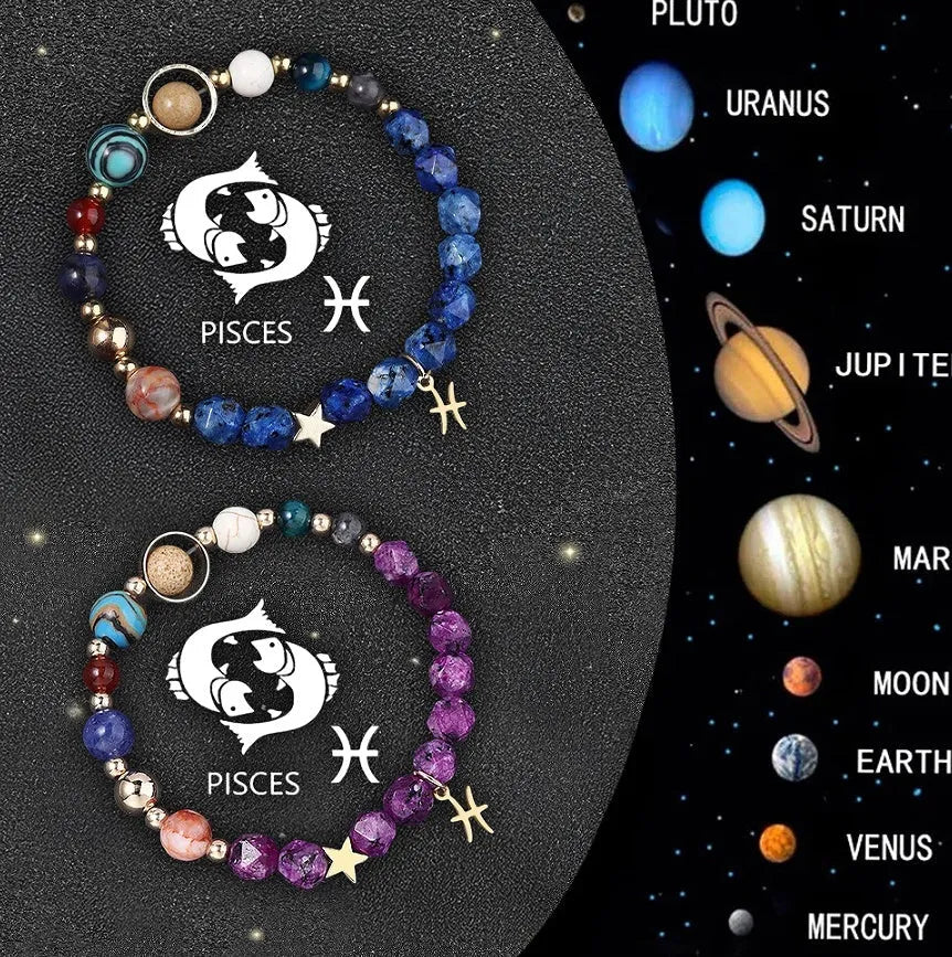 Set of twelve natural stone beaded bracelets, each representing a different zodiac sign with celestial charms.