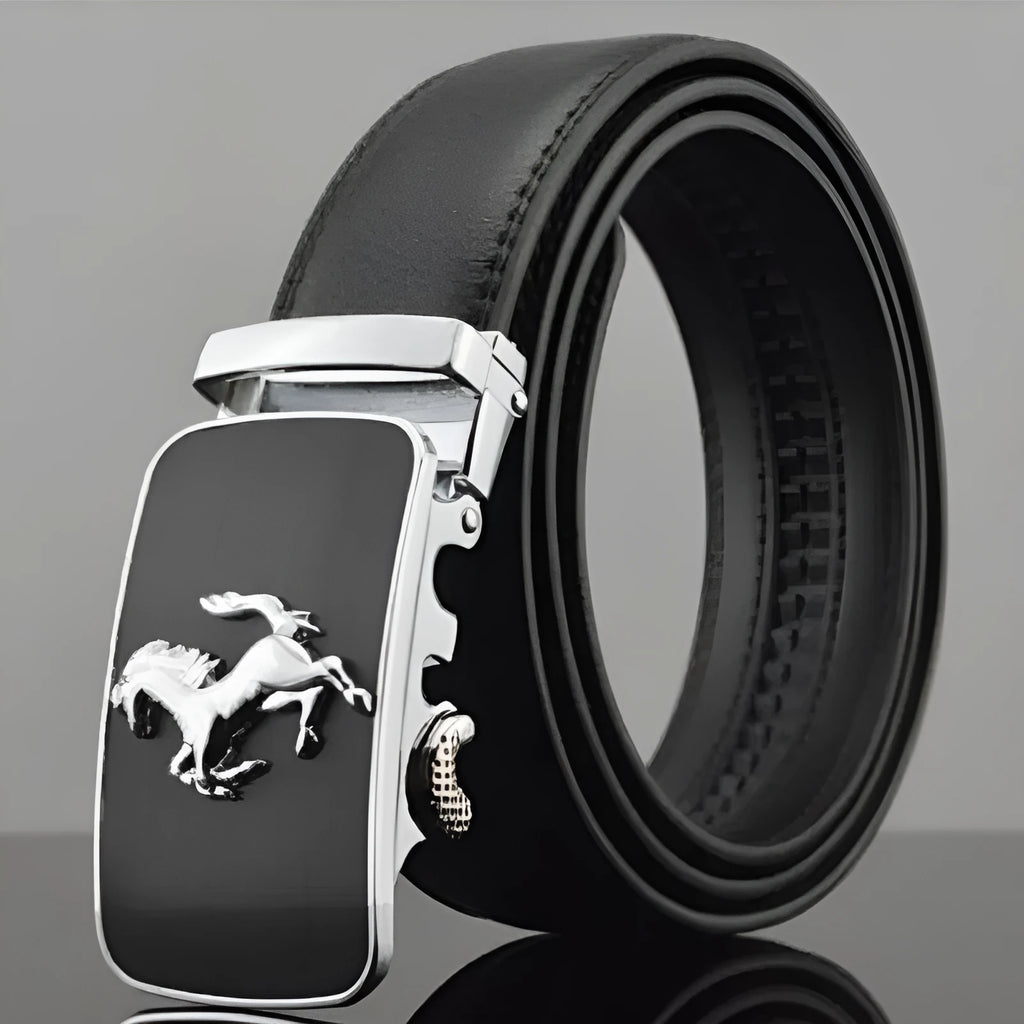 Men's black leather belt with automatic buckle, 3.5cm width, first layer cowhide construction