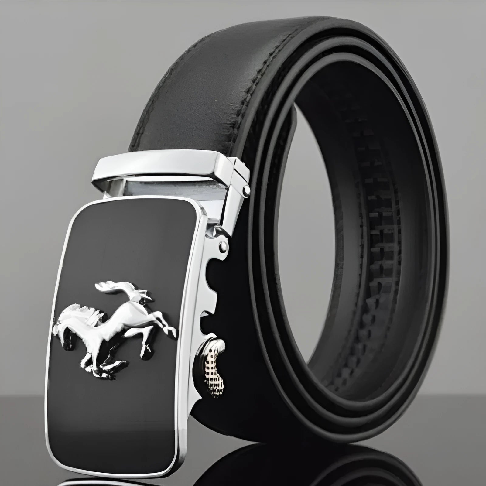 Men's black leather belt with automatic buckle, 3.5cm width, first layer cowhide construction