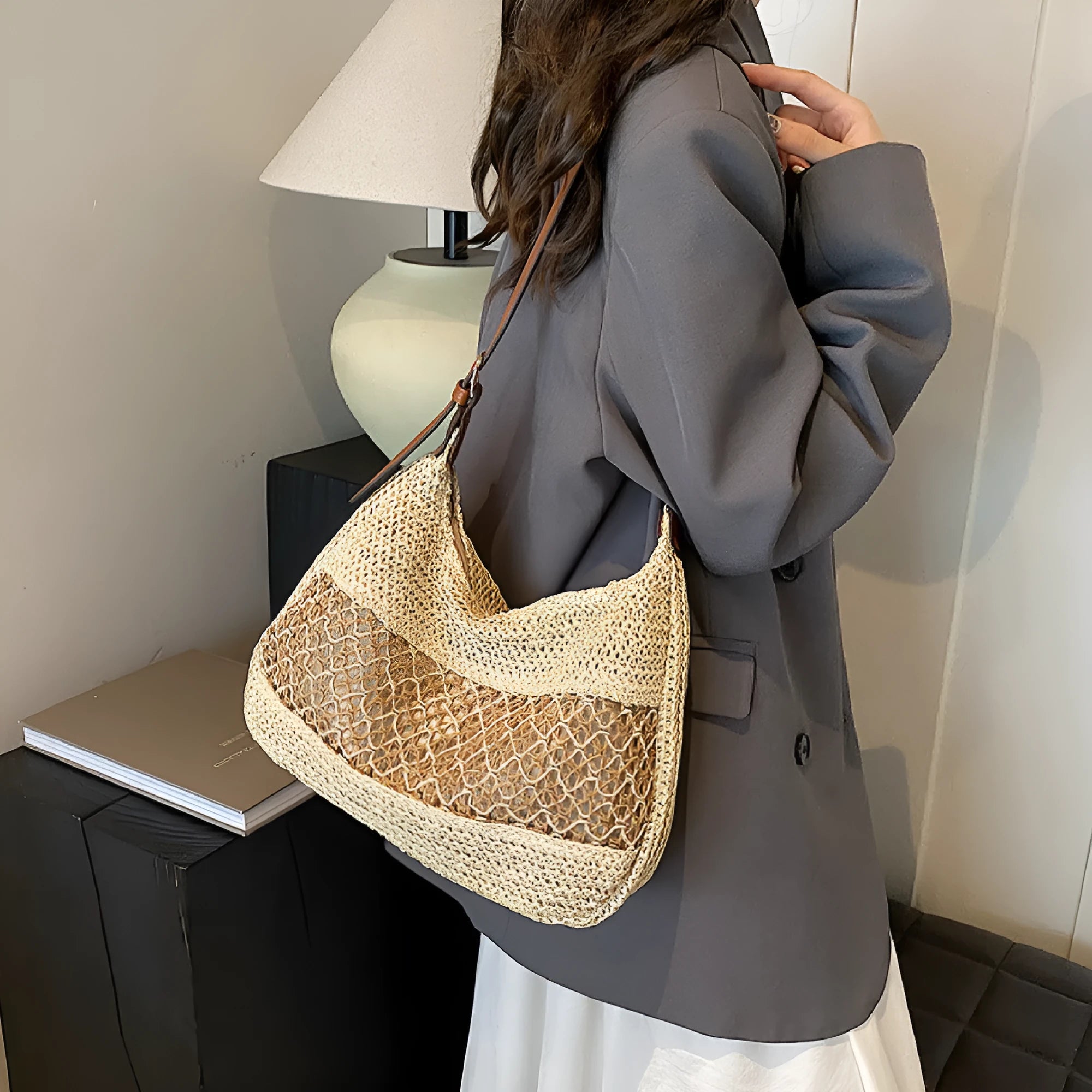 Women's khaki straw cross body bag with sandwich pocket and horizontal square shape