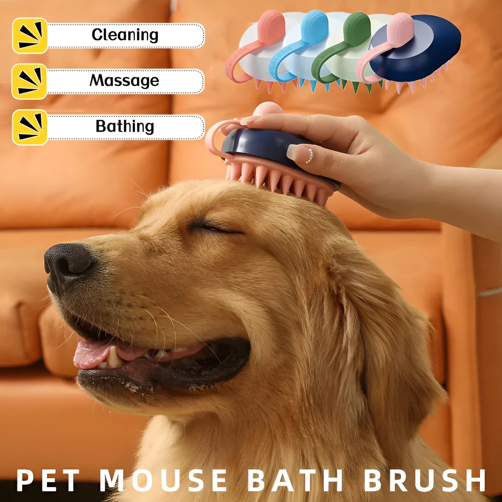 Soft silicone dog bath brush in handheld design with flexible bristles for hair removal and shampoo massage