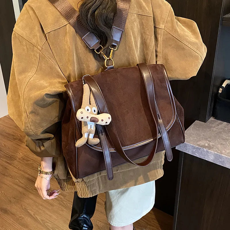 Women's large capacity retro suede briefcase in brown with pendant, PU leather, medium-soft finish
