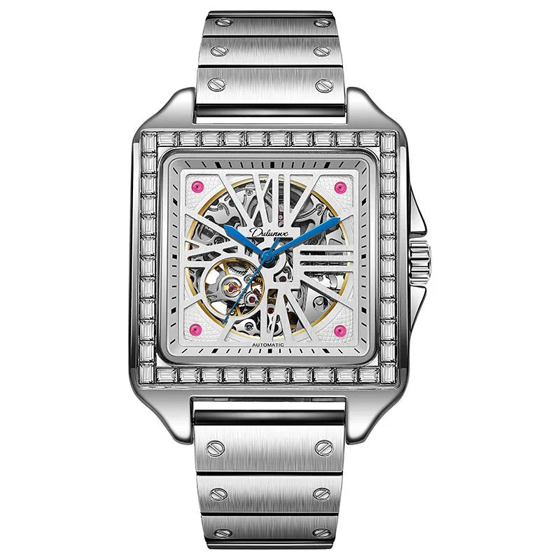 Men's square automatic watch with diamond-studded case on steel belt strap