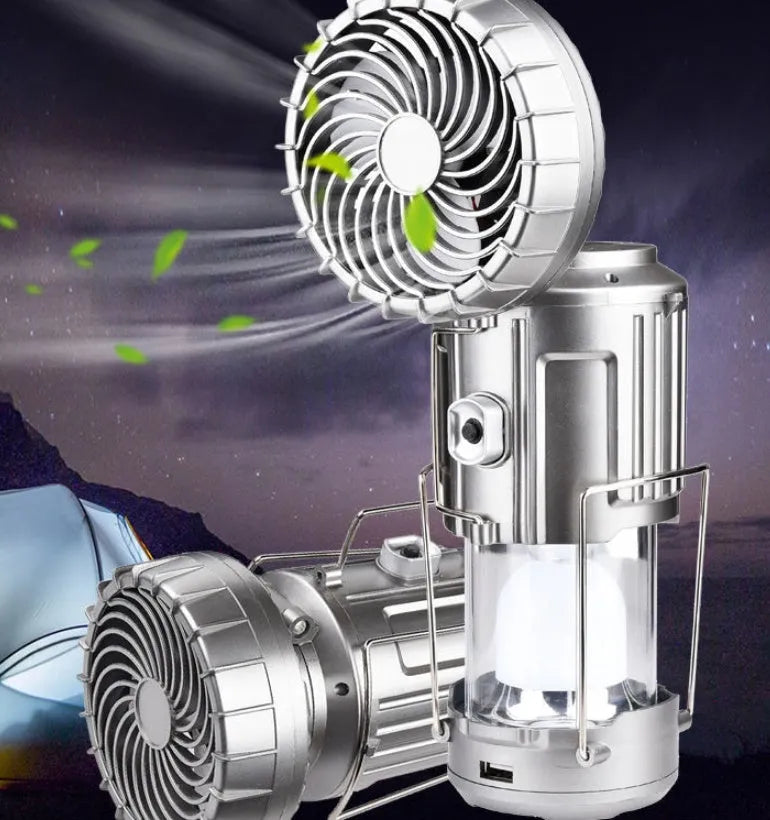 Solar powered ABS camping fan lantern with LED, waterproof casing, available in silver and gold