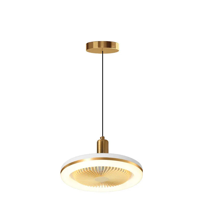 Modern minimalist ceiling fan lamp with light, golden chandelier finish, quiet muted motor for bedroom dining room