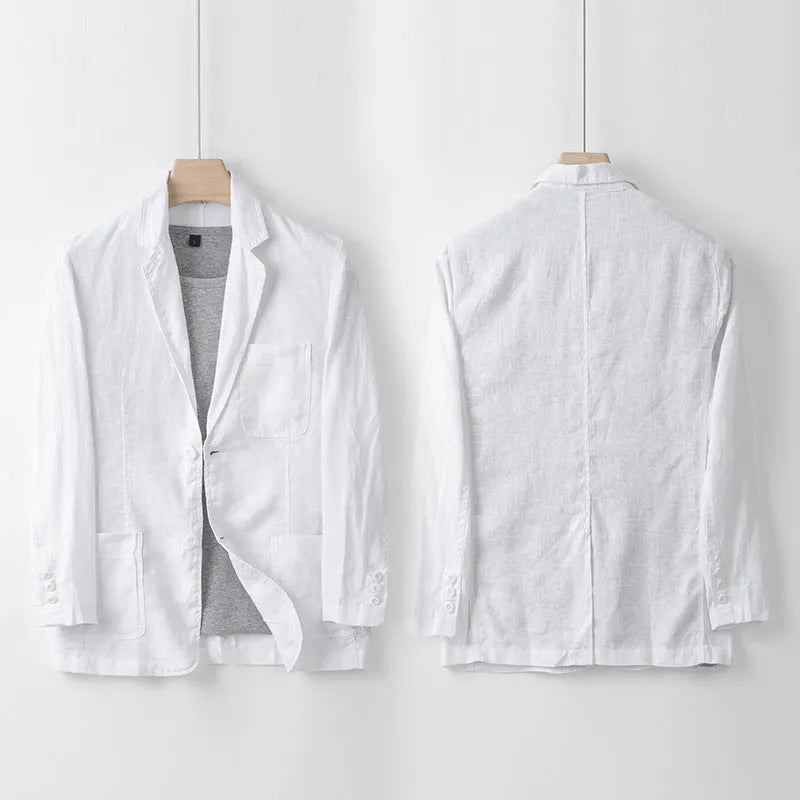 Men's loose fit linen suit jacket in a solid colour on a hanger, showing casual long sleeve design.