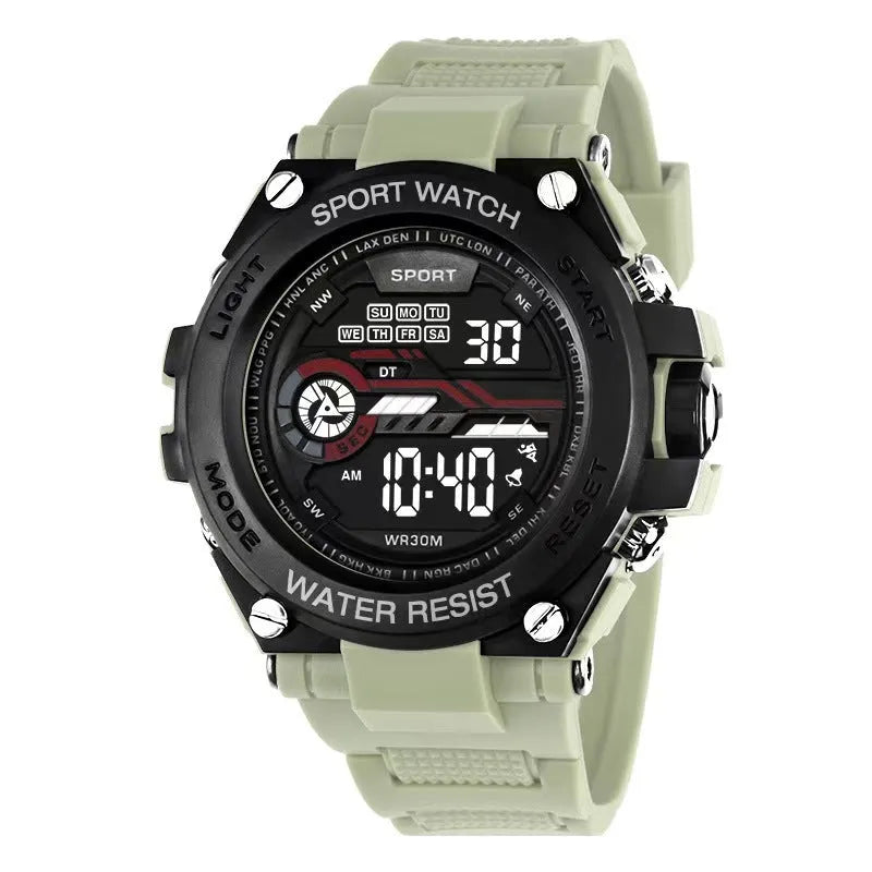 Digital electronic watch for teenagers and students showing LED display and colour options