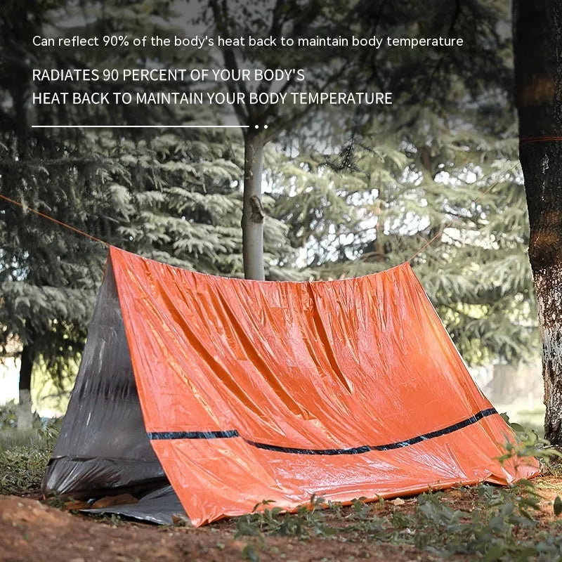 Orange portable disaster relief tent with emergency blanket showing 240cm × 150cm dimensions