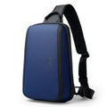 Blue Oxford cloth men's messenger chest bag with double shoulder strap.