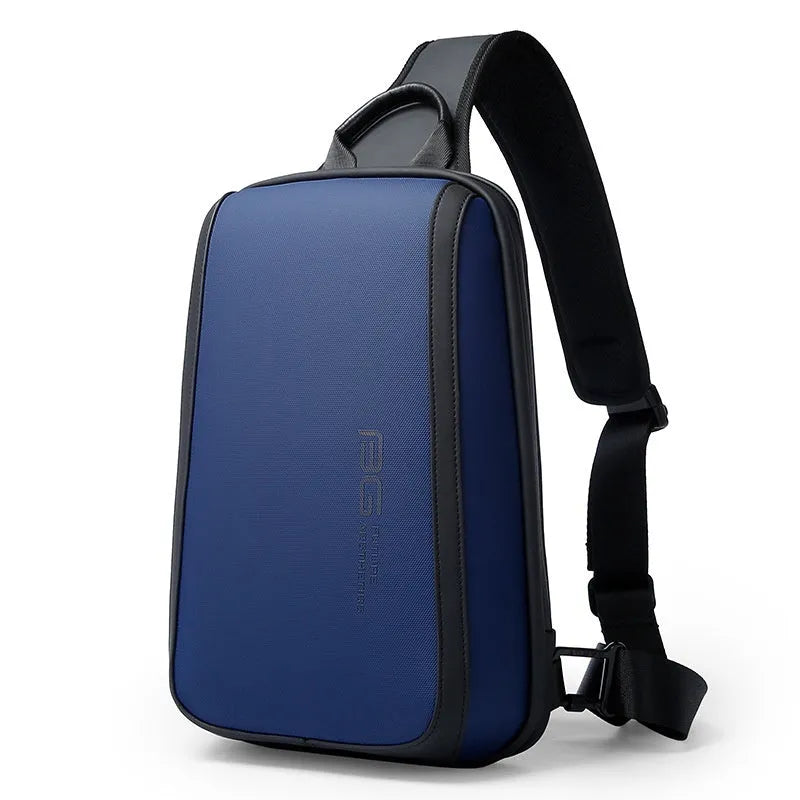 Blue Oxford cloth men's messenger chest bag with double shoulder strap.