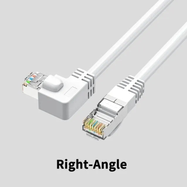 Right-angle Cat6 Ethernet cable with metal RJ45 connectors in various colours and lengths