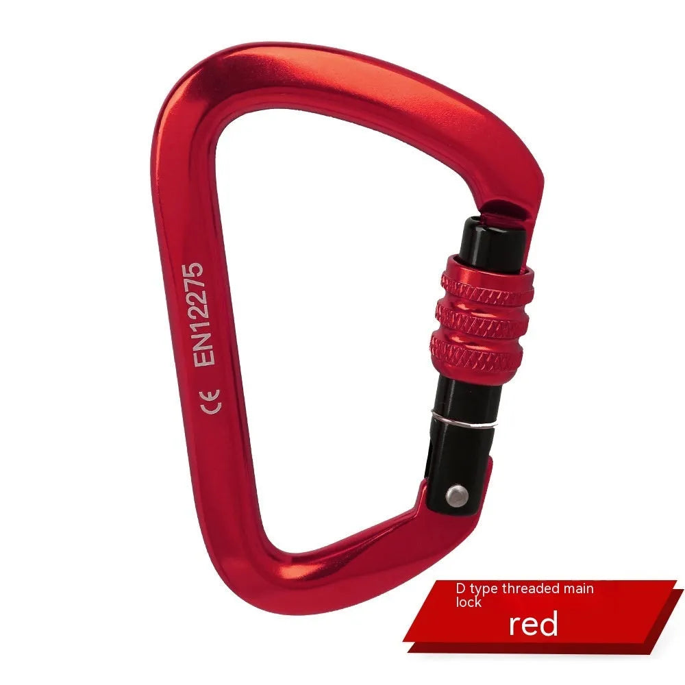 D-shaped climbing carabiner main lock shown in red, with choice of automatic or threaded gate closure.