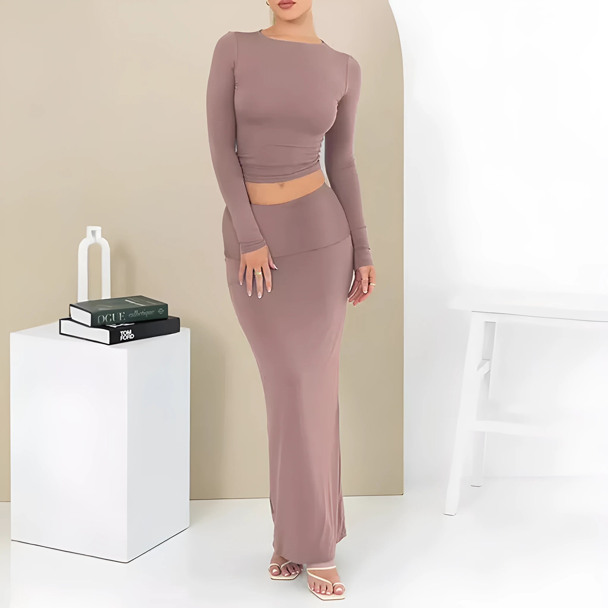 Women's sweet style two-piece suit set with long skirt and three-quarter sleeve top