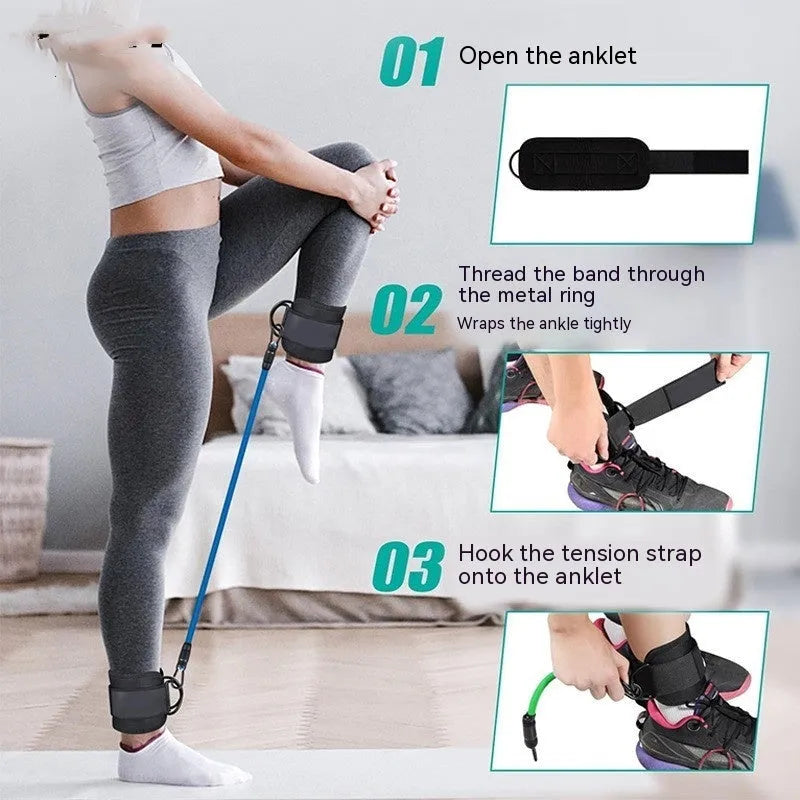 Three TPE resistance bands in different colours with foot loops and storage bag for leg and hip exercises.