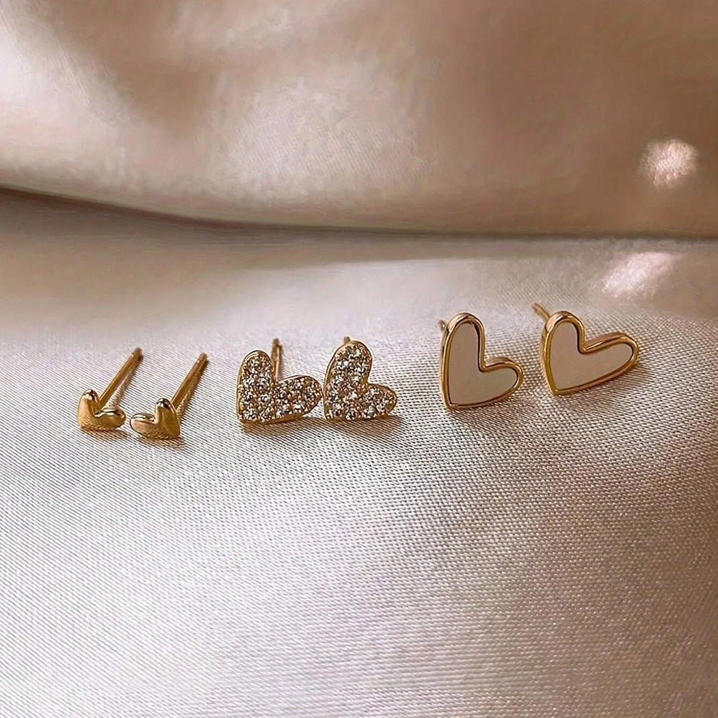 Three pairs of heart-shaped electroplated alloy earrings in girly style with love elements