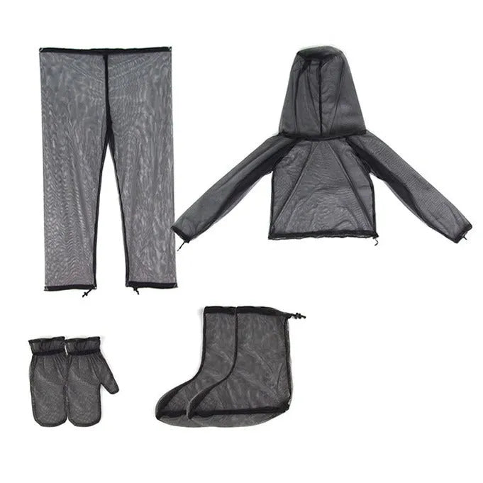 Adult wearing a full mesh anti-mosquito suit with hood, trousers, and booties for outdoor camping.