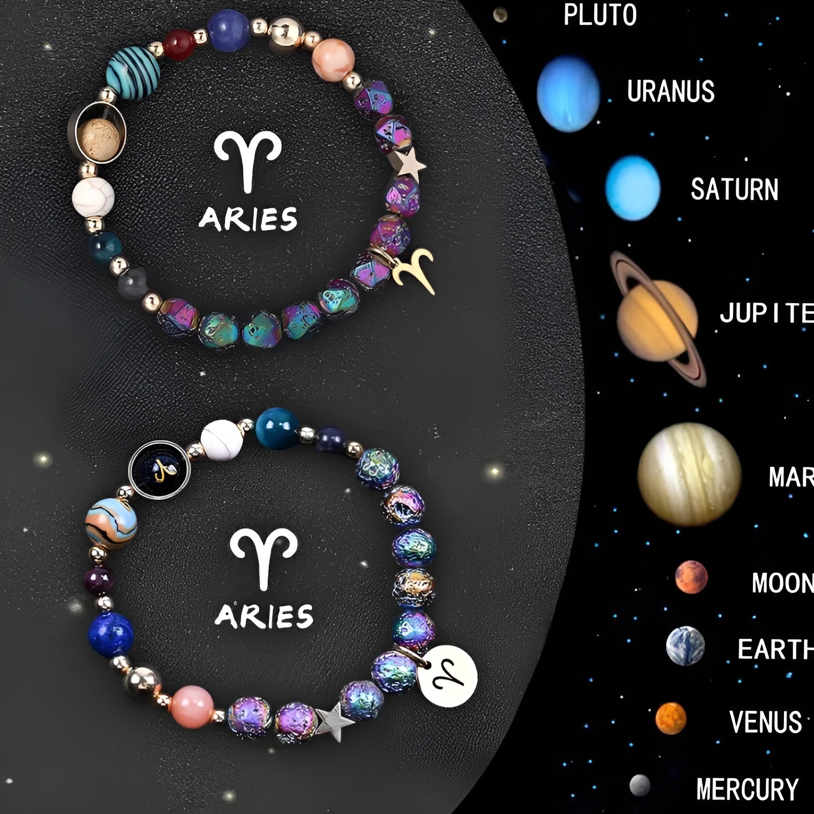 Two natural stone beaded bracelets with zodiac symbols on an adjustable cord.