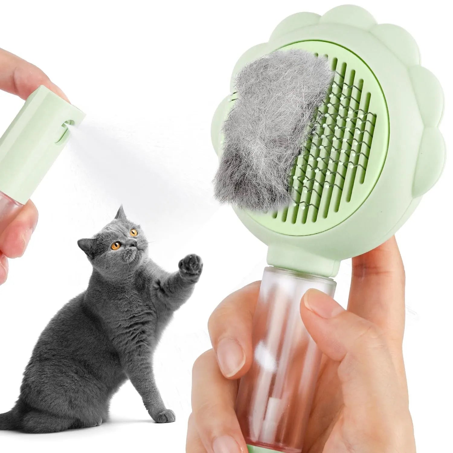 Grey spray cat brush with self-cleaning button and stainless steel bristles on a white background.