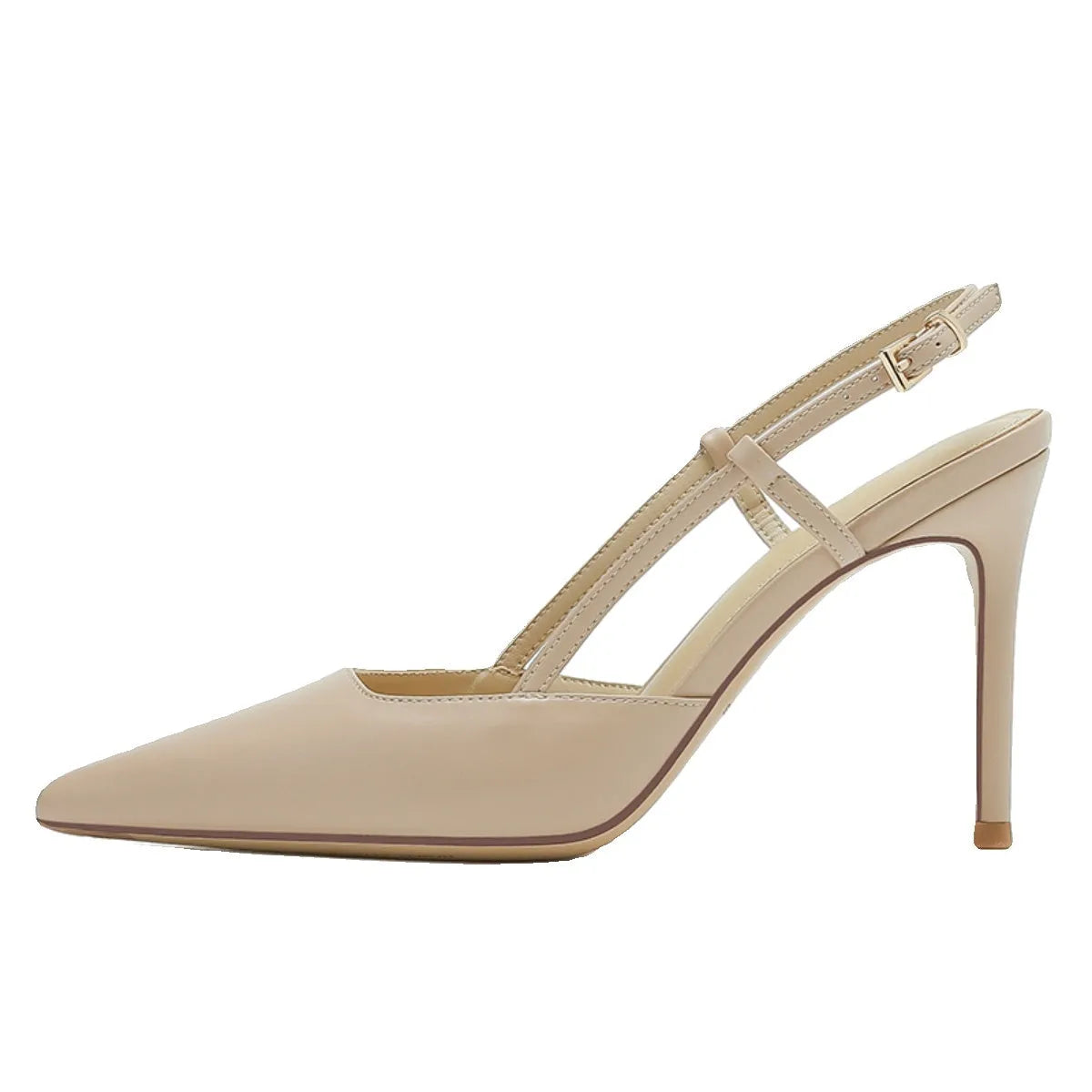 Apricot women's high-heeled sandals with buckle toe strap and 6cm heel on light background