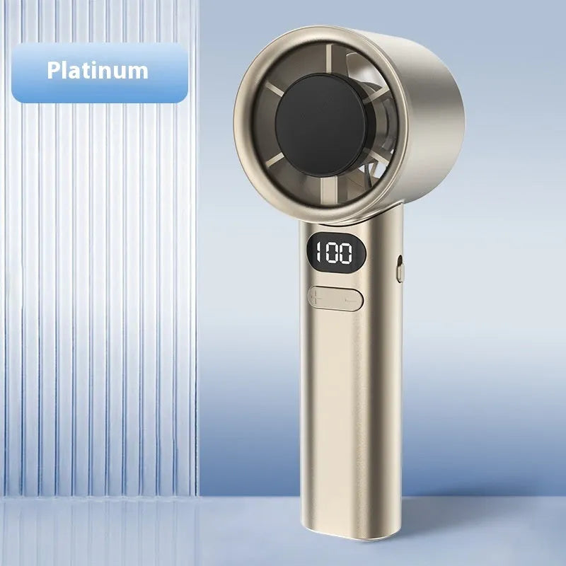 Handheld personal fan showing variable speed control, USB charging port, and plastic blades in one of four colour options