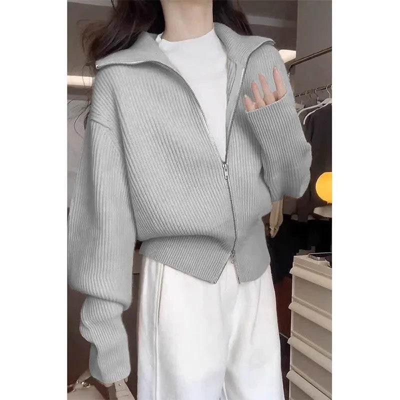 Hong Kong style floral patterned double zipper knitted cardigan in loose fit