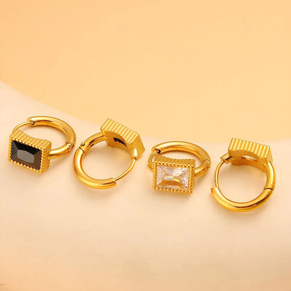 Square zircon stainless steel earrings in geometric design available in white, black, or green colours