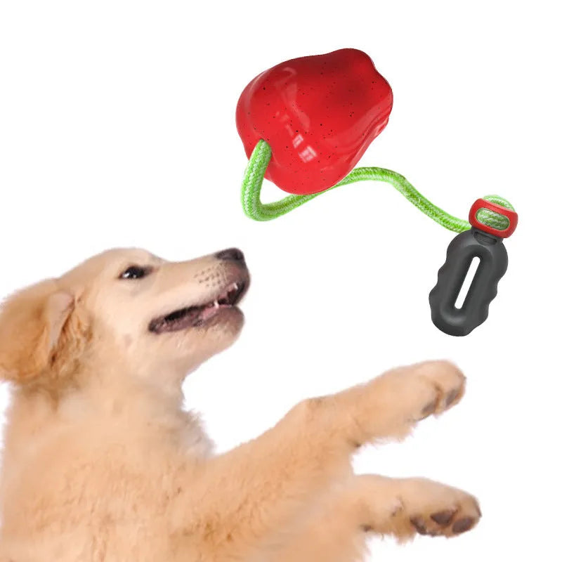 Green plastic dog toy shaped like an apple with a molar texture and a food-dropping ball.