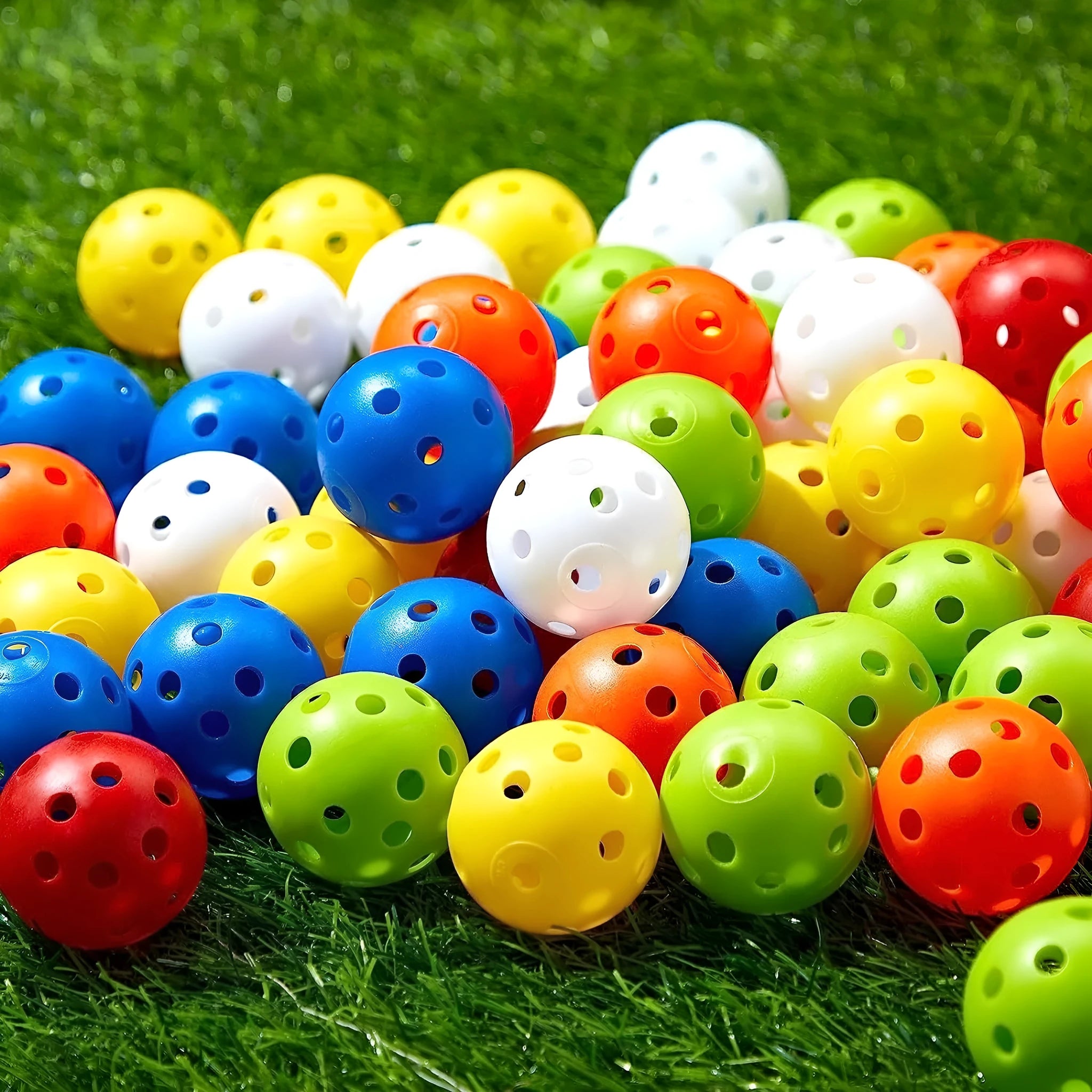 Multi-colour 42mm golf practice balls in blue, green, orange, red, white and yellow colours