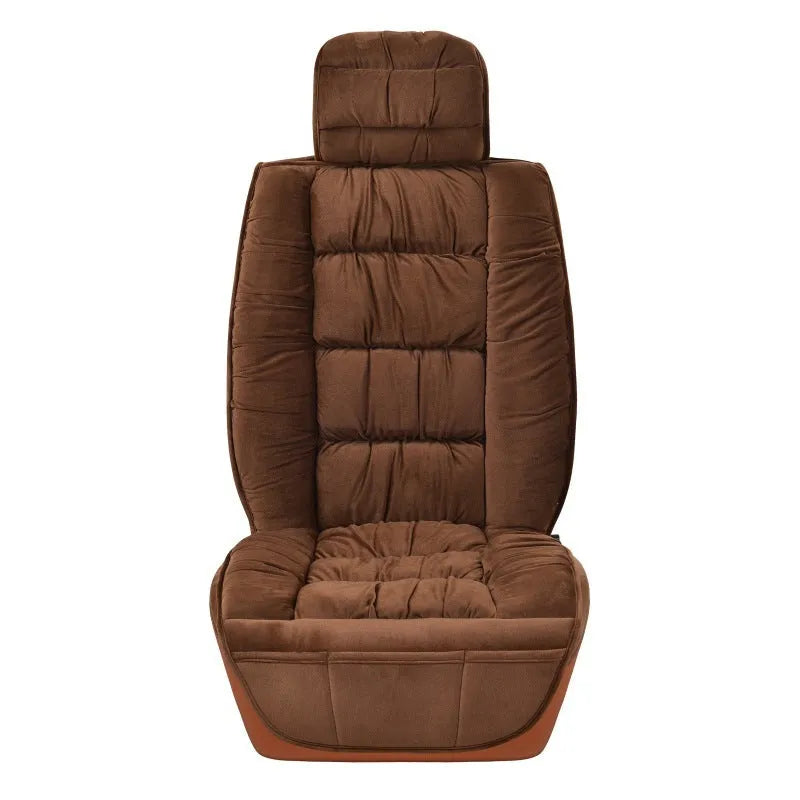 Short plush winter car seat cushion available in multiple colours including black, beige, grey, brown, and purple.