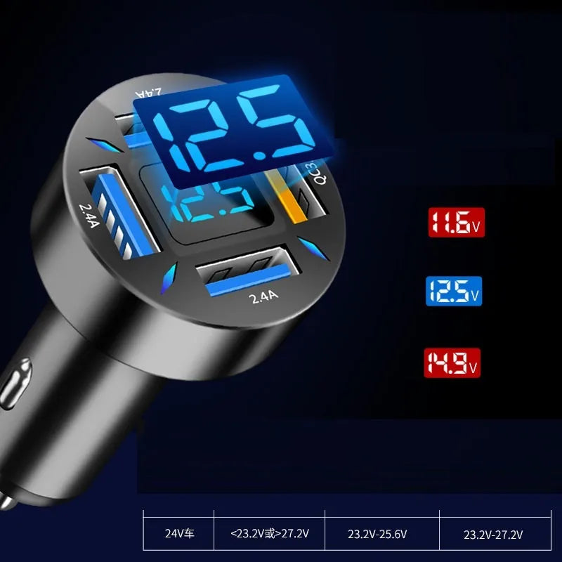 Black 4-port USB car charger with digital display plugged into a vehicle cigarette lighter socket.