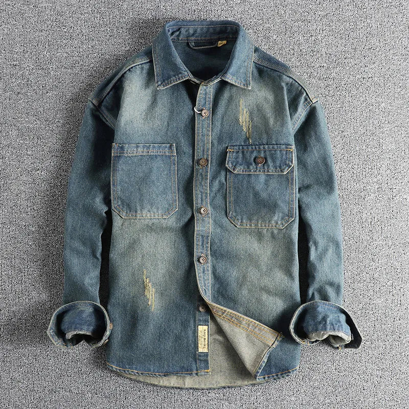 Men's light blue vintage denim shirt with loose cardigan styling and long sleeves