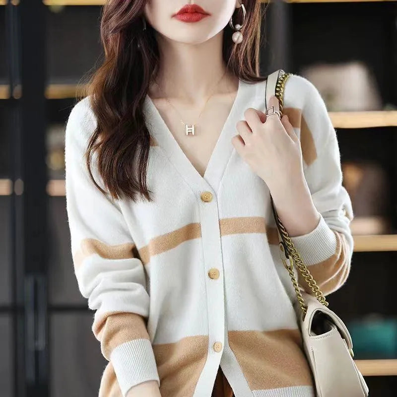 Women's slim fit V-neck cardigan with 3D striped pattern in multiple colour options